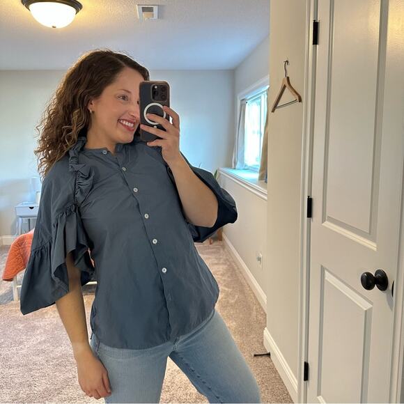 Tuckernuck TISH COX Blue Button Front Ruffled Top Blouse XS - Picture 5 of 15